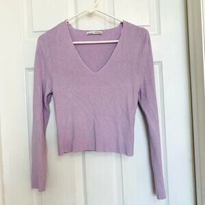 Pull & Bear Lilac Purple Cropped V-Neck Long Sleeved Knit Top Large